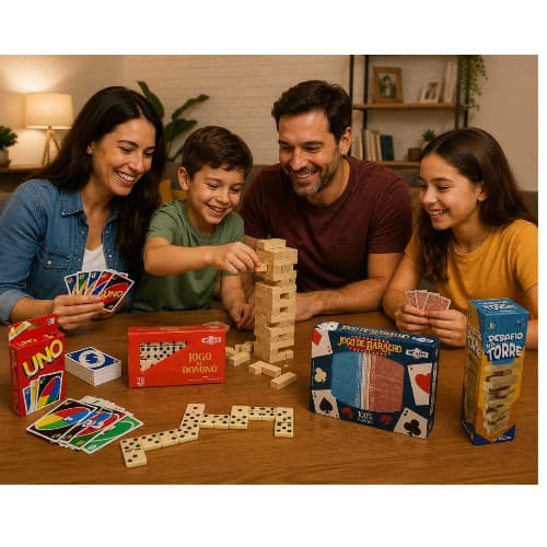 KIT 4 JOGOS DESAFIO DA TORRE UNO DOMINÓ E BARALHO KIT DIVERSÃO EM FAMÍLIA JOGOS INCRIVÉIS PARA JOGAR EM GRUPO