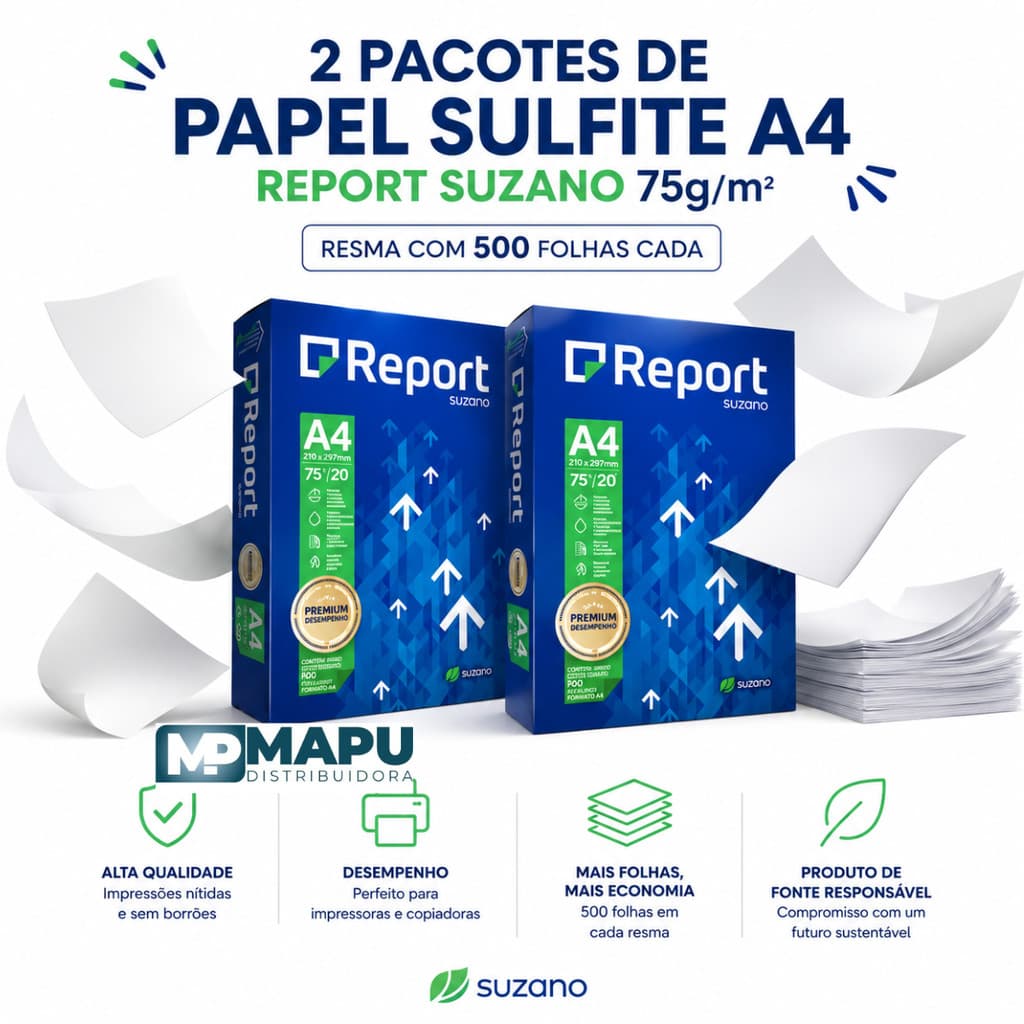 2 pacotes de Papel Sulfite A4 Report Suzano 75g/m² – Resma com 500 Folhas cada