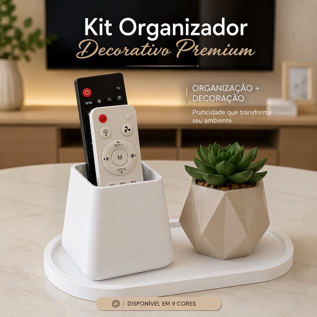 Kit Organizador Porta Controle Remoto Decorativo + Bandeja + Vaso Suculenta | Sala Quarto Escritório