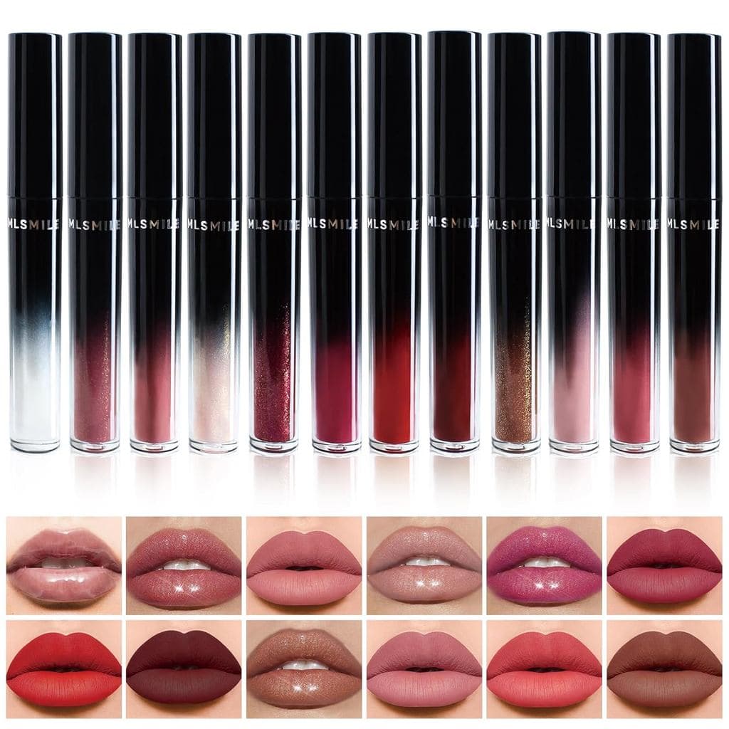 Conjunto de 12 Batons Líquidos, Brilhantes e Matte, Batom de Longa Duração para Mulheres e Meninas, Kit de Maquiagem Lab