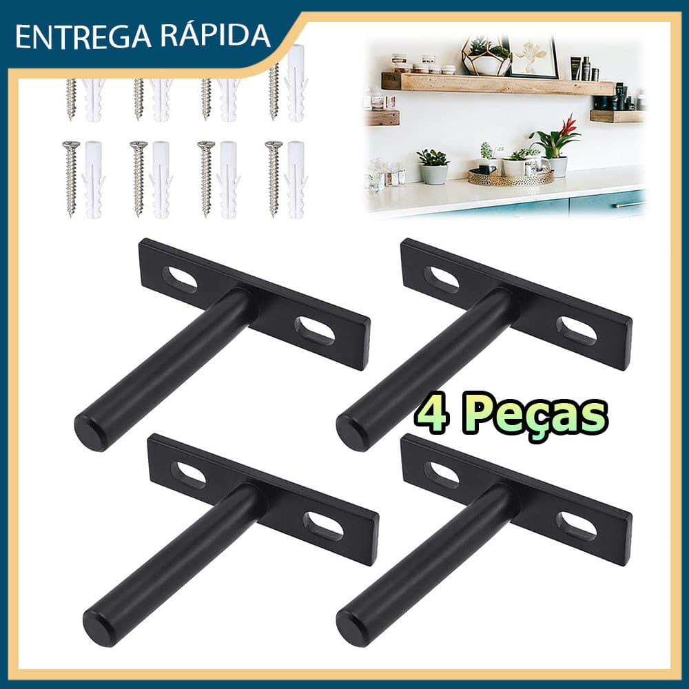 Kit 4 Preto Suportes para prateleiras ocultos suspensos suportes de parede para cargas pesadas com parafusos e buchas