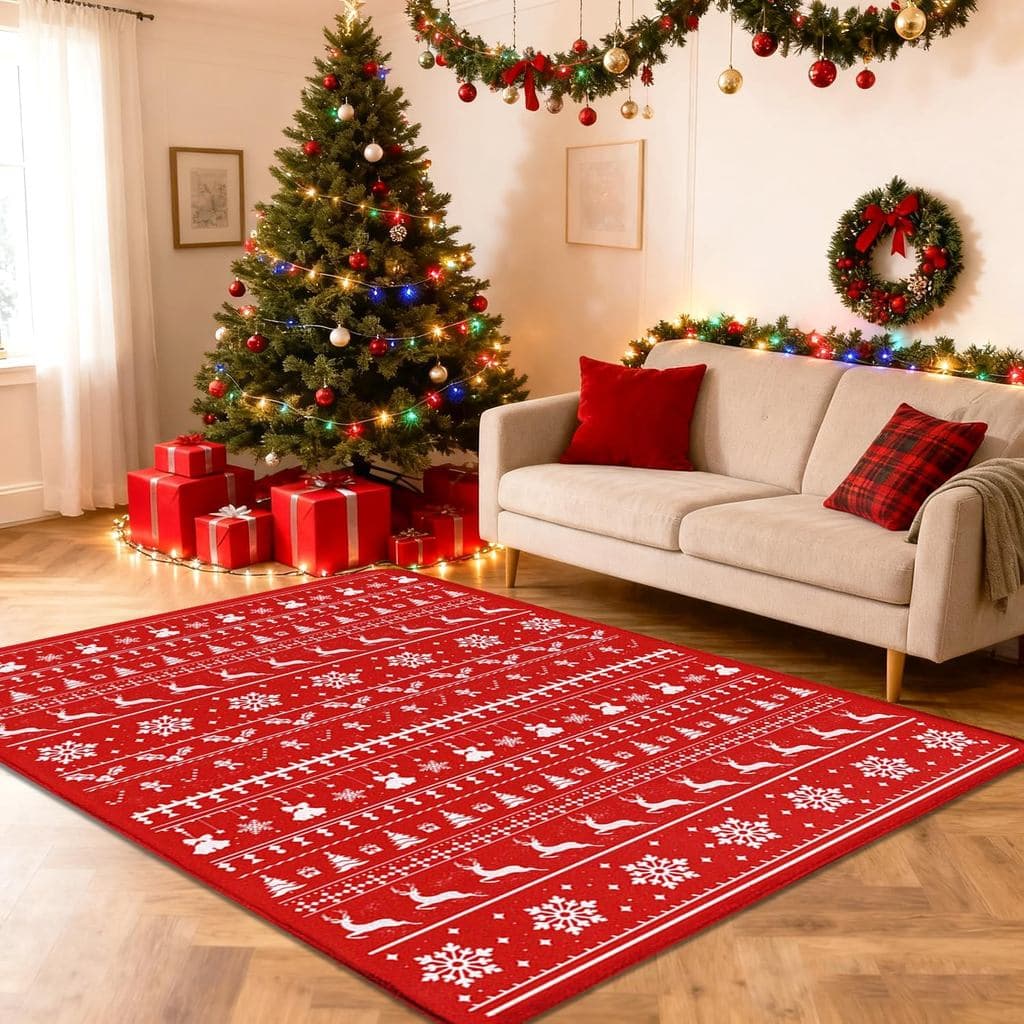 Tapete de Natal 5x7 Vermelho Vintage Floral Antiderrapante para Sala de Estar, Tapete Festivo Lavável de Pelo Baixo para
