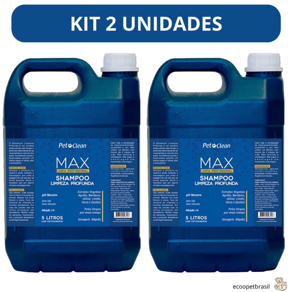 KIT 2 Shampoo Max Profissional Limpeza Profunda 1:4 Pet Clean 5L para Cães, Banho e Tosa, Pet Shop