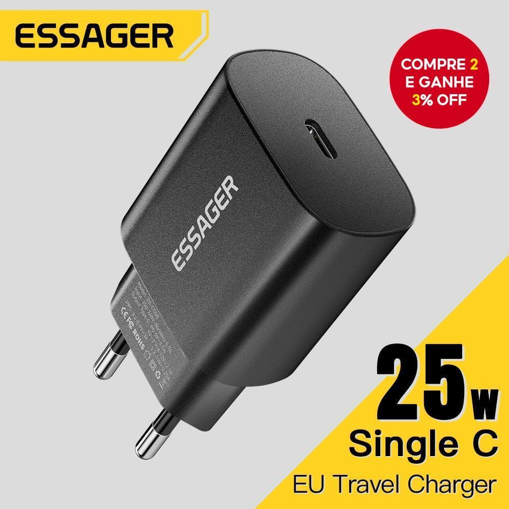  Carregador USB-C 25W com Suporte a PD de Carregamento Rápido Tipo C Portátil ESSAGER para iPhone 15 14 13 Pro Max