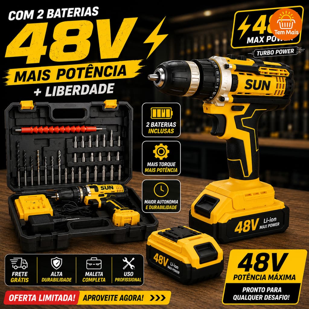 Parafusadeira Furadeira sem Fio 26V/48V com 2 Baterias - Estuche Rígido, Carregador Rápido e Brocas de Metal Duro