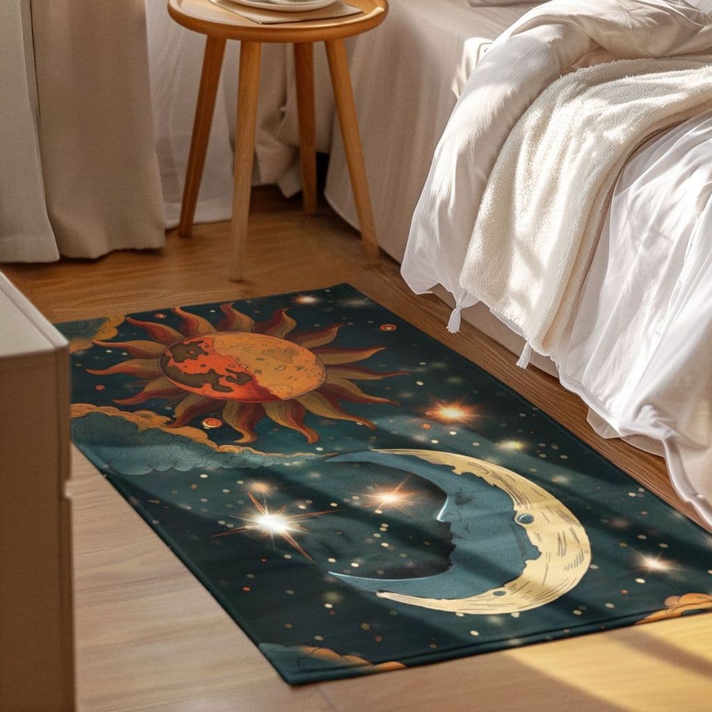 Tapete Sala Quarto Grande 118x70cm Decoração Antiderrapante Macio Sol e Lua
