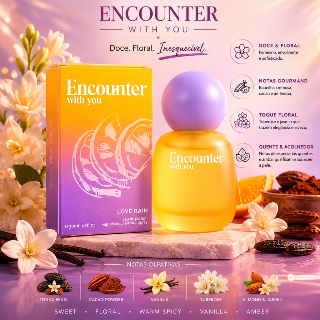 Perfume Feminino Importado Premium 30ml Encounter With You Lové Rain Baunilha Amber Floral Longa Duração Alta Fixação