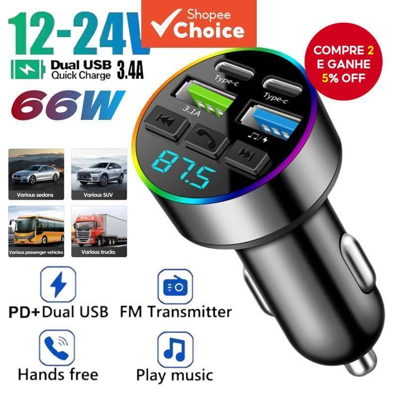  Carregador Veicular Rápido USB Duplo 2026 PD, MP3 Player de Áudio, Kit Bluetooth 5.0 para Carro, Transmissor FM,