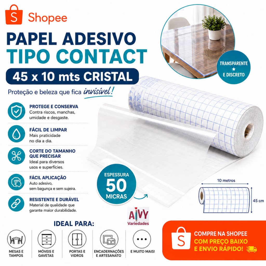 Papel Adesivo Tipo Contact 45 x 10 mts - Cristal