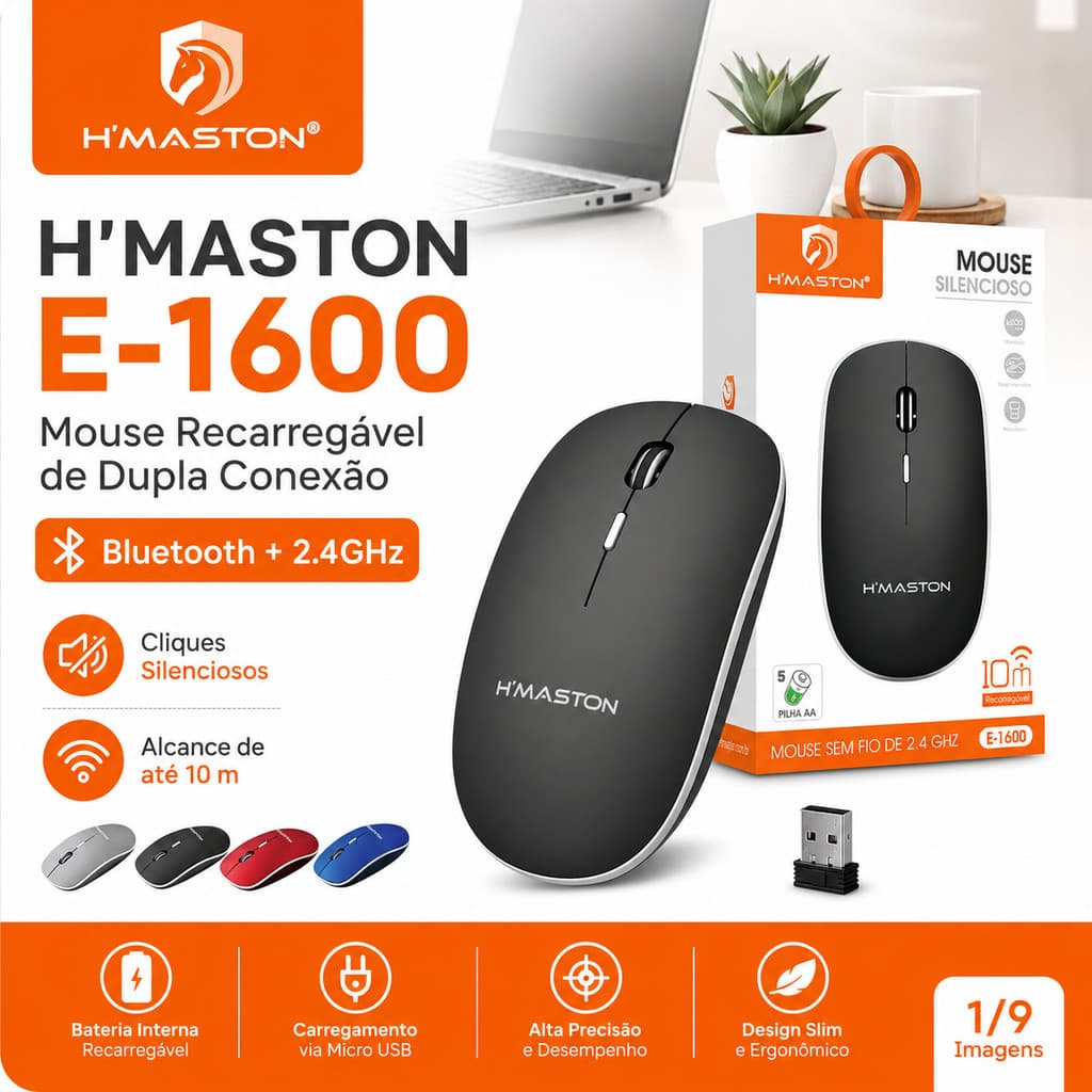H'maston E-1600 Mouse Sem Fio Rgb Recarregável Wireless Led Ergonômico