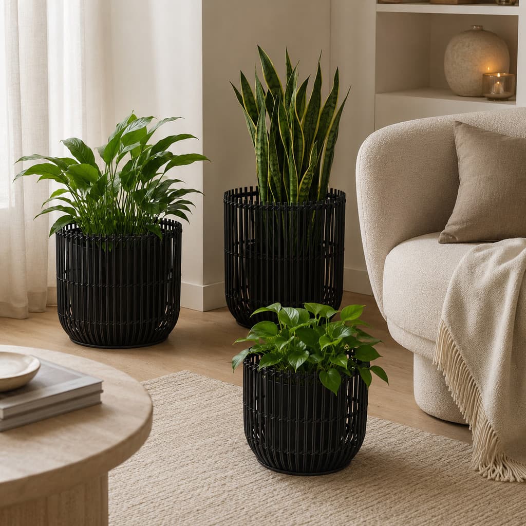 Kit 3 Cestos Organizadores Rattan Preto para Sala Quarto Banheiro