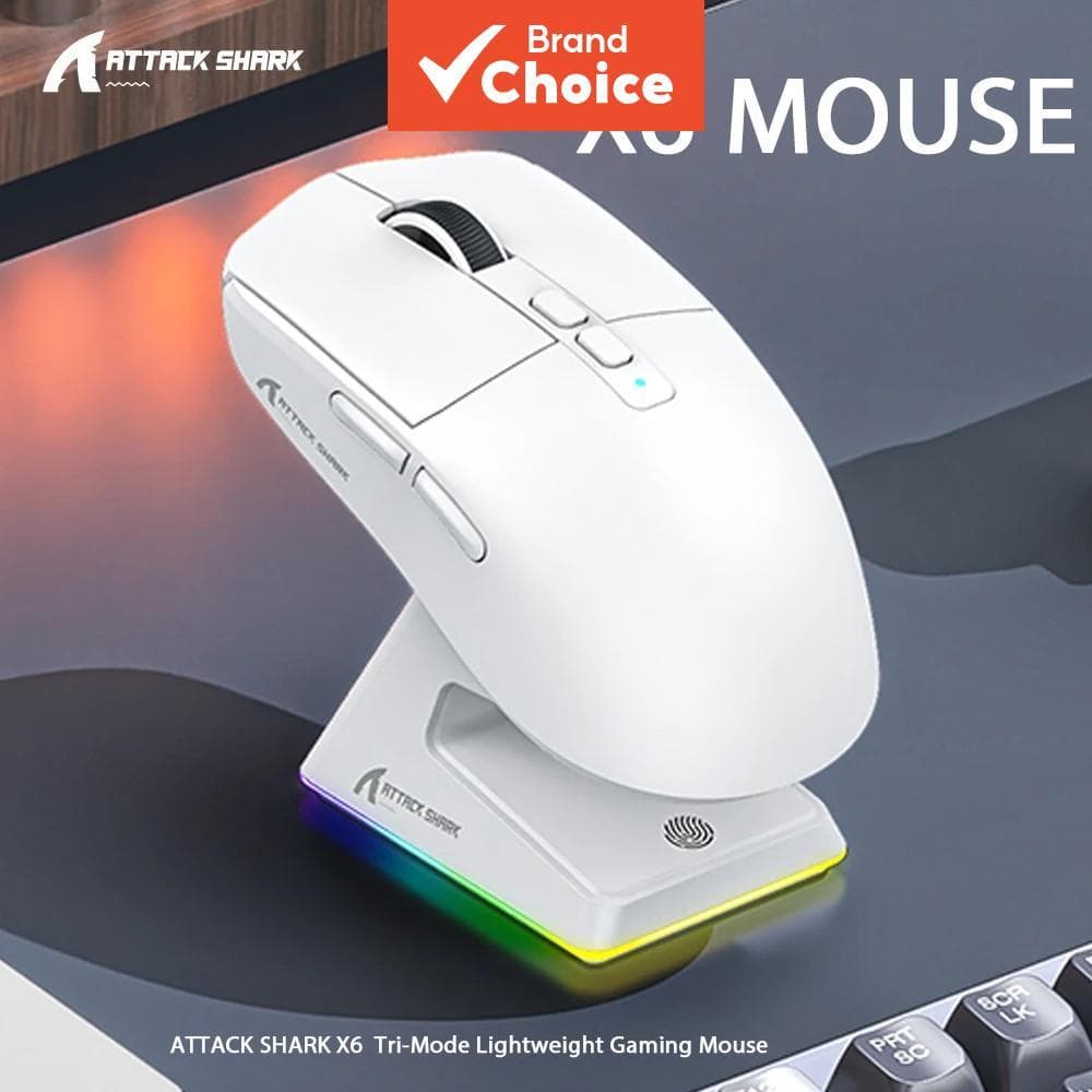 Mouse Gamer Bluetooth Attack Shark X6 Tri-Modo 26000DPI Com Fio/Sem Fio Base de Carregamento Magnético RGB PixArt
