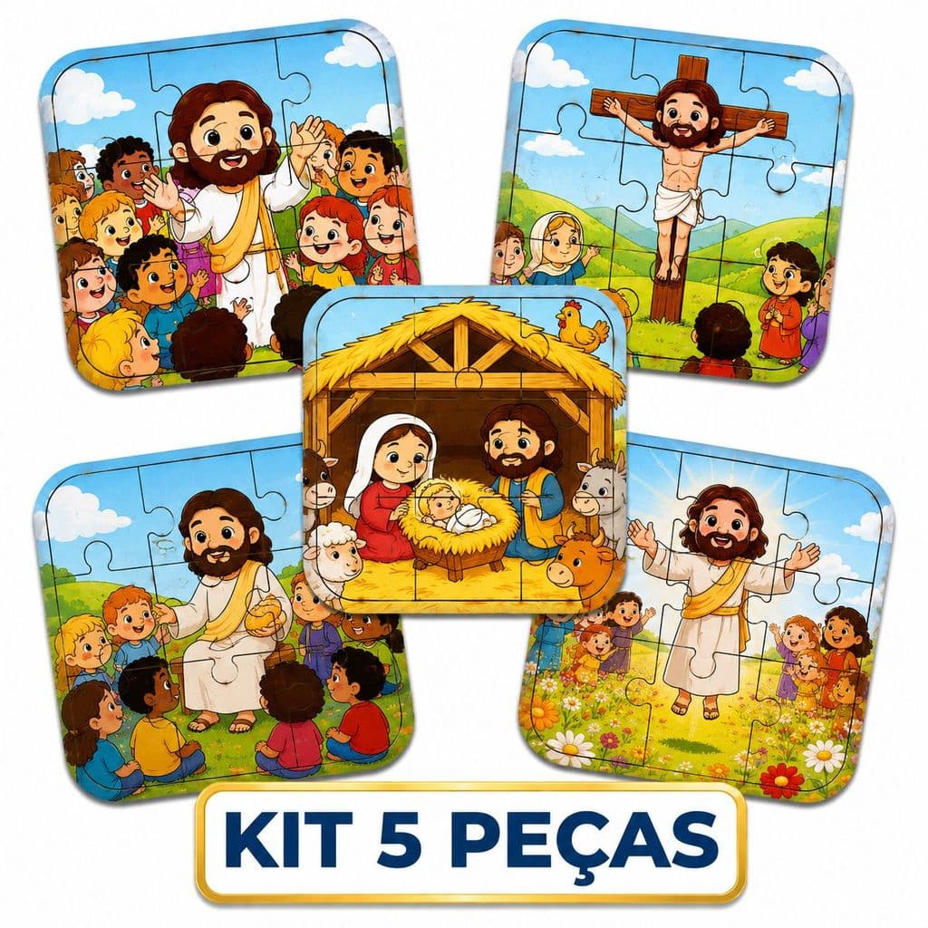 Kit 5 Quebra-Cabeça Infantil Educativo Madeira Mdf Religioso Fofos Brinquedo Pedagógico Desenvolvimento 9 Peças cada