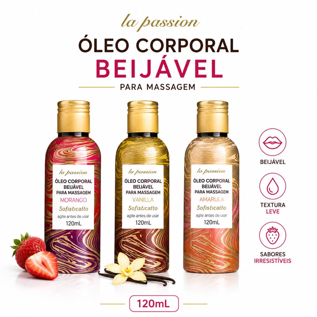 Óleo Corporal Beijável Sabores Morango Vanilla Amarula Hidratante Para Massagem 120ml
