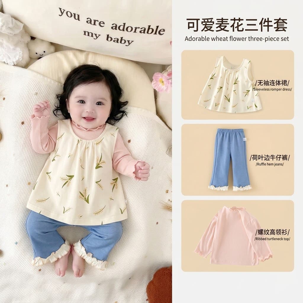 Bebê menina roupas doce estilo Pastoral bebê menina impresso conjunto de três peças primavera verão estilo fino crianças