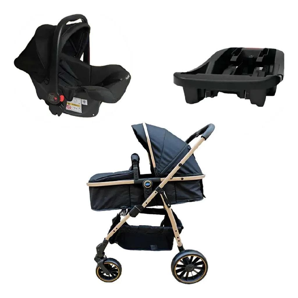 Carrinho 3 Em 1 Move Preto Dourado Com Bebê Conforto E Base Golden