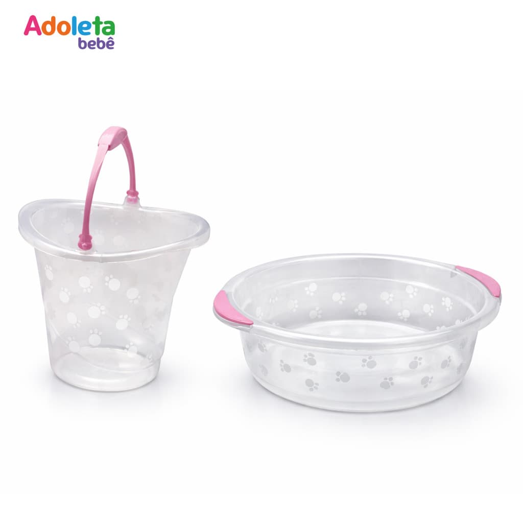Kit Bacia 6 L + Balde 8 L | Transparente com Rosa | Adoleta | Banho Infantil