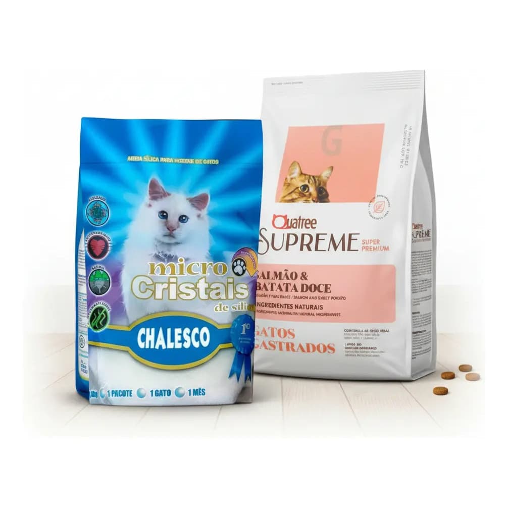Kit Gatos: Areia Sanitaria Sem Cheiro Silica Fina 1,8kg Chalesco + Ração Quatree Supreme Adulto Gato Castrado Salmão 1kg