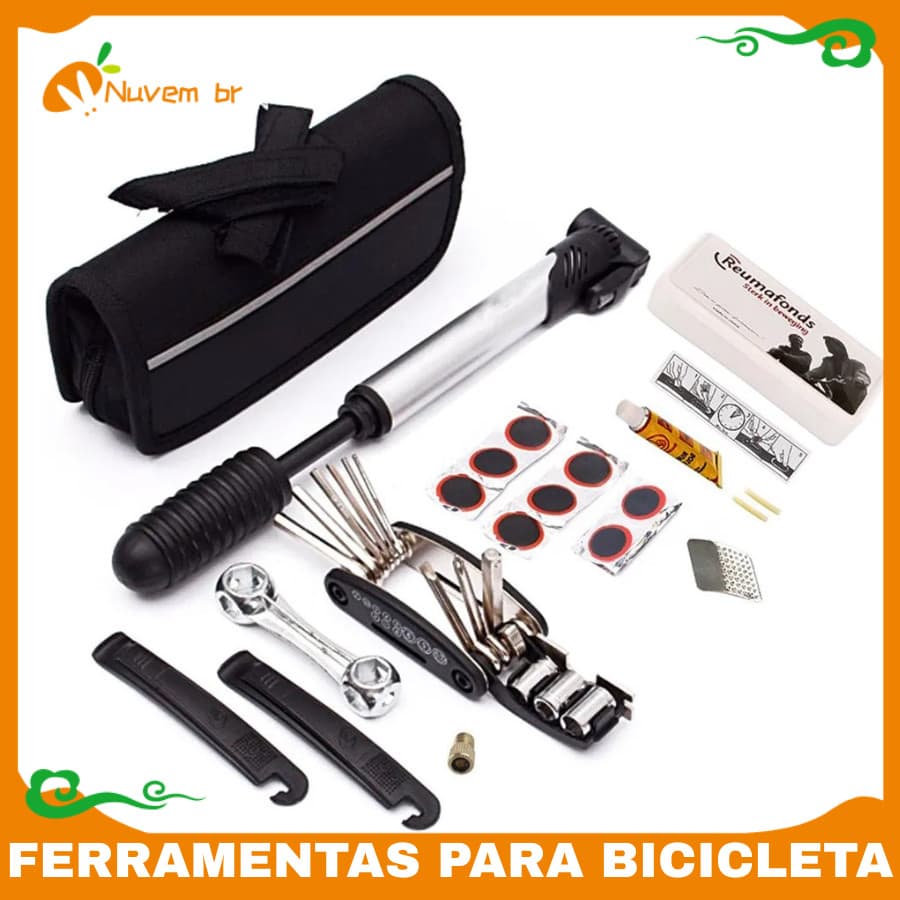 Kit de Ferramentas para Bicicleta - Chaves Multiuso, Bomba de Ar, Remendos e Bolsa de Quadro Kit Completo - NUVEM