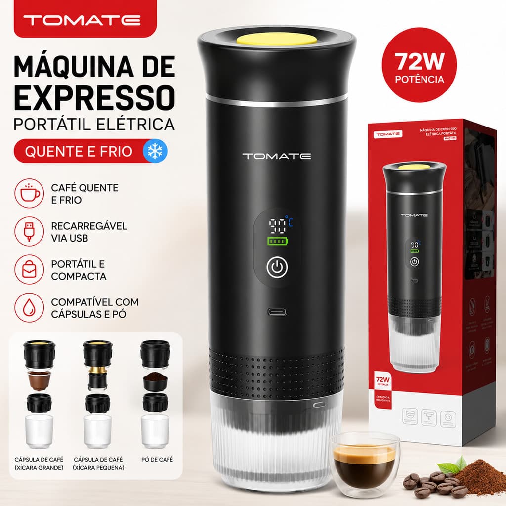 Máquina de Café Portátil USB Recarregável | Cafeteira Expresso Quente e Frio Cápsulas e Pó