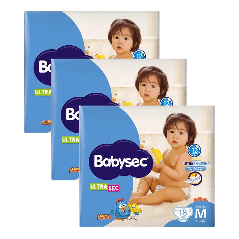 Kit 3 Fraldas Babysec Ultrasec Jumbinho Galinha Pintadinha M com 18 unidades