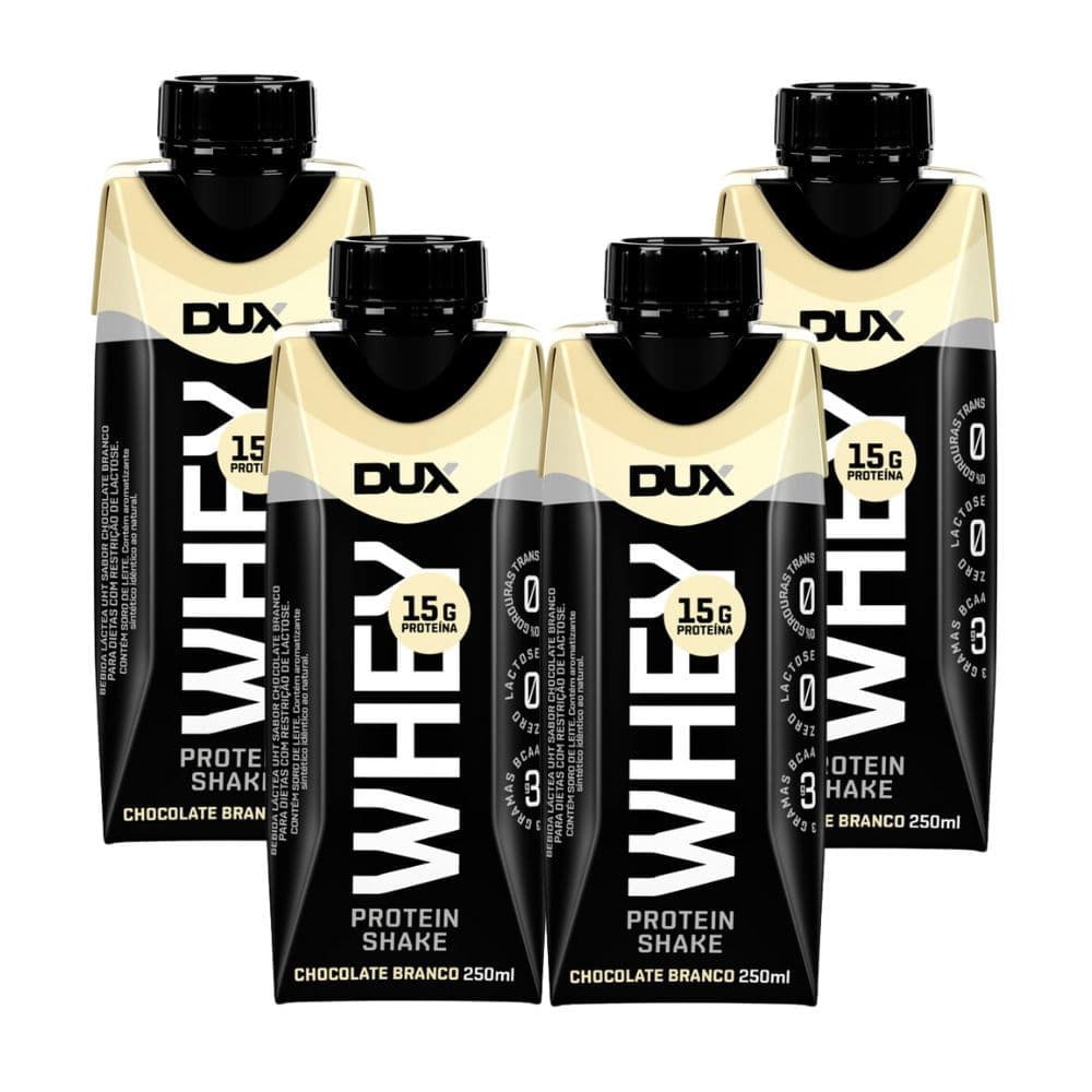Kit 4 Bebida Láctea UHT Whey Protein Shake Dux Sabor Chocolate Branco com 15g de Proteína 250ml
