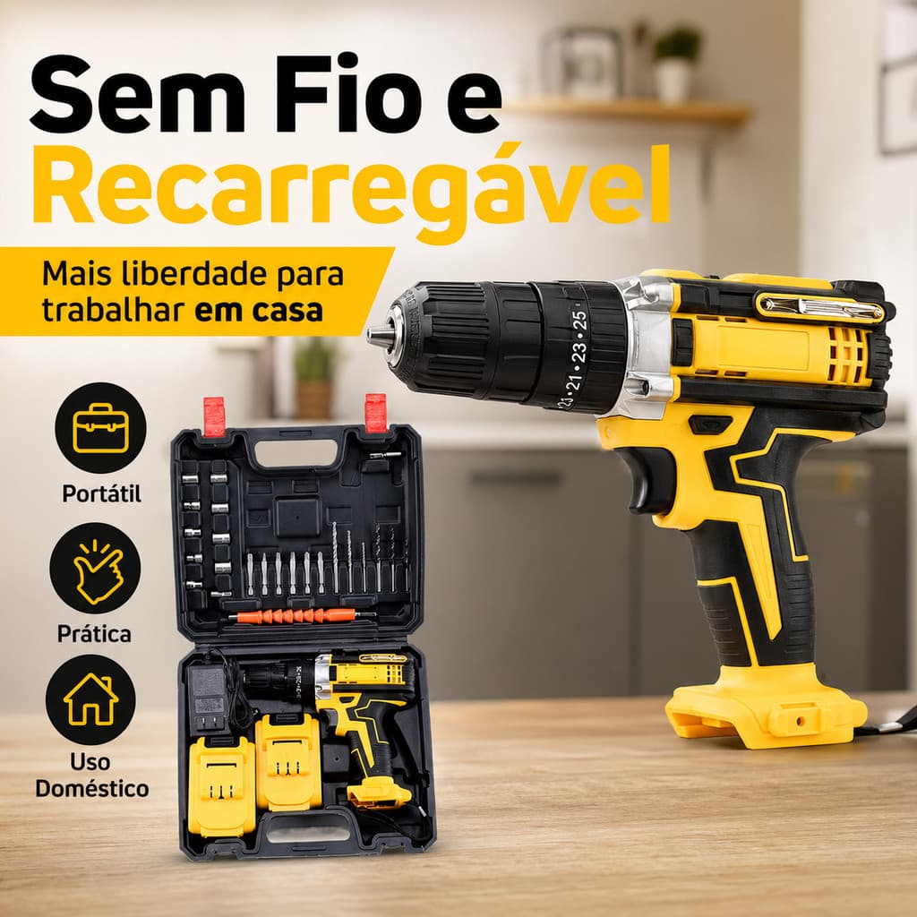 Parafusadeira Furadeira 12V com impacto potente, equipada com bateria de lítio  Com Maleta e Acessórios Completo