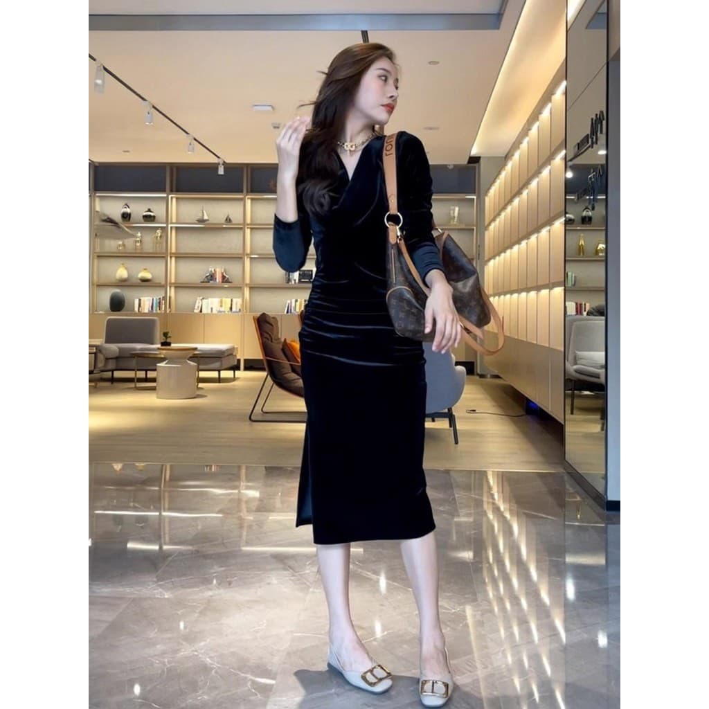 Inverno feminino Super agradável vestido ocasiões importantes lindo vestido de noite outono feminino ouro veludo pequeno