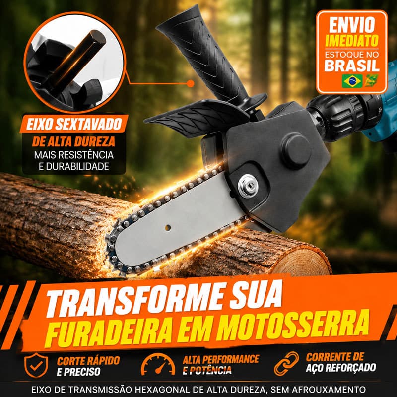 Adaptador de Motosserra Portátil para Furadeira e Parafusadeira 4'' – Cortes Rápidos em Madeira, Galhos, Bambu e MDF