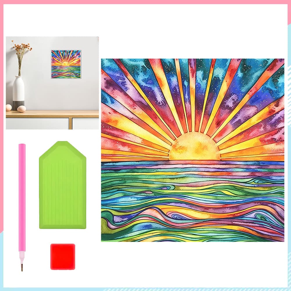 30 x 30 cm, Conjunto de pintura diamante 5D para crianças Nascer do sol no mar Pintura artística com diamante quadrados