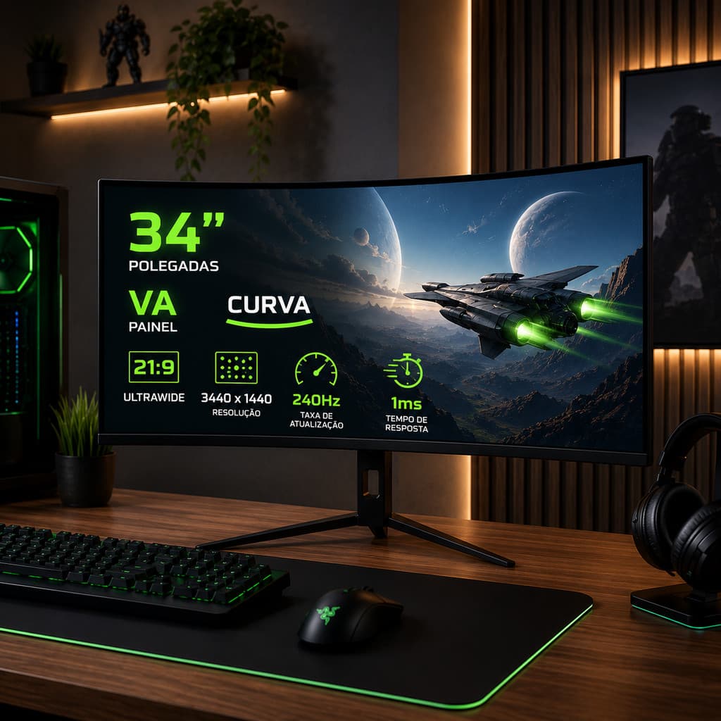Monitor Gamer Curvo 34 Ultrawide 21:9 240Hz 1ms Tela VA HDMI DP DELTA-M3445AUC PRO