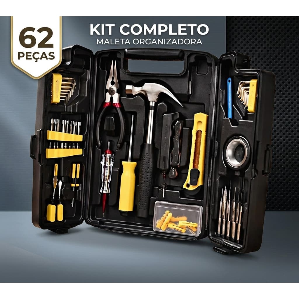 Maleta De Ferramentas 62 Peças Kit Completo Portátil Com Alicates Chaves Bits Para Casa e Carro