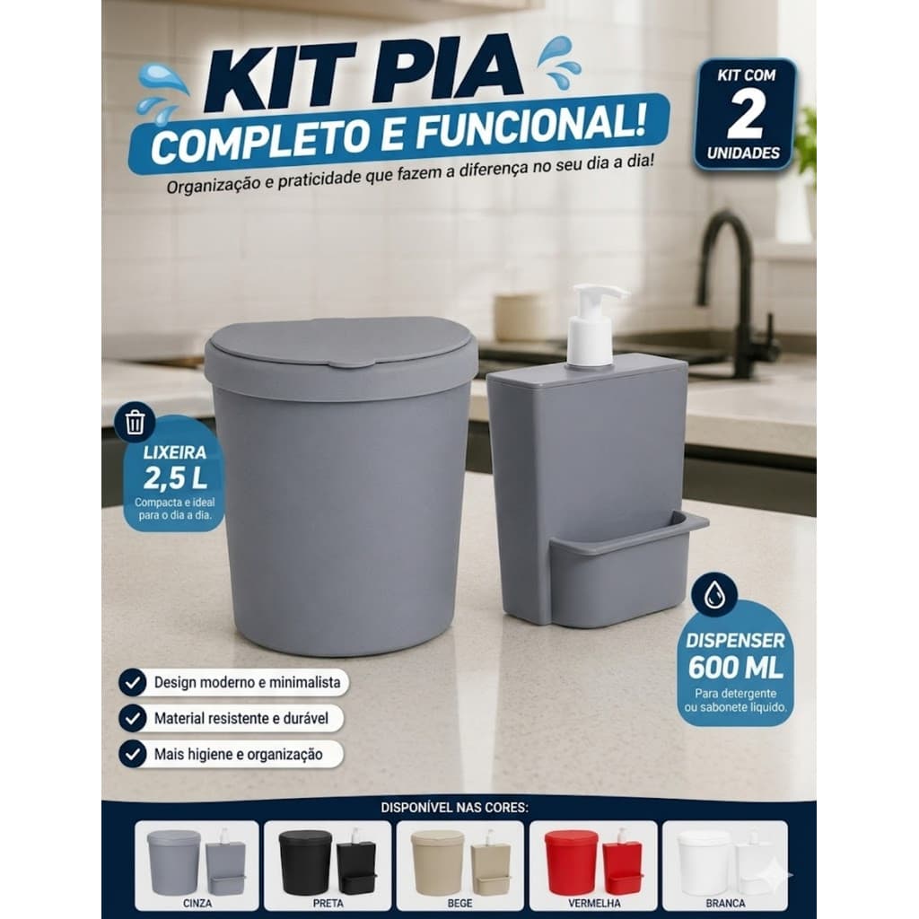 Kit Cozinha Lixeira de Pia Dispenser Detergente Porta Esponja Organizador Bancada Compacto Multiuso