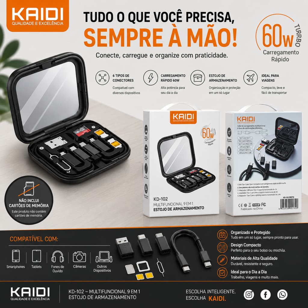Cabo e Adaptador Multifuncional Kaidi KD-102 com Estojo – 60W Carregamento Rápido