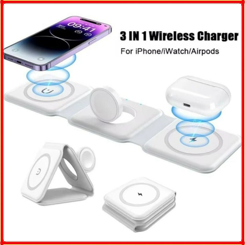 Carregador magnético sem fio 3 em 1 dobrável 15W para Celular Fone e relógio Carregamento Rápido