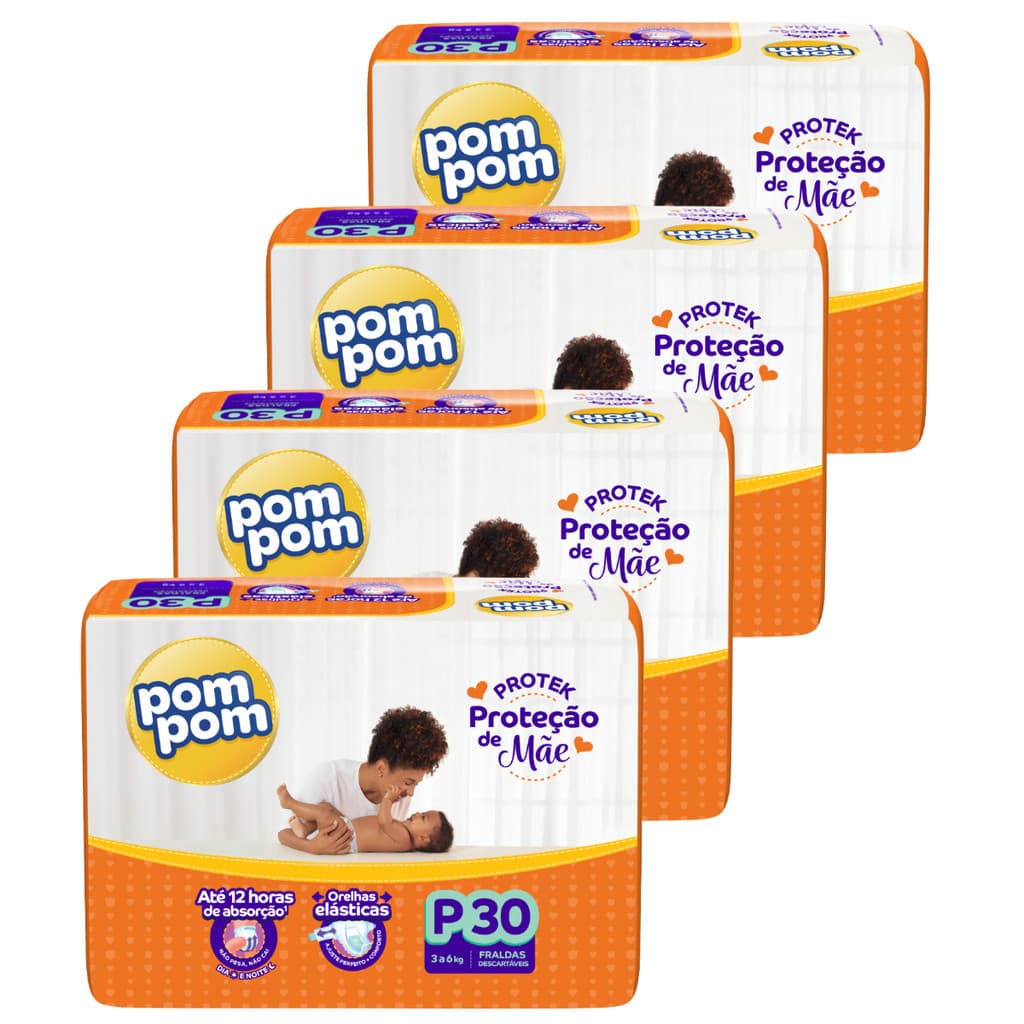 Kit 4 Pacotes de Fraldas Descartável Infantil Pom Pom Protek