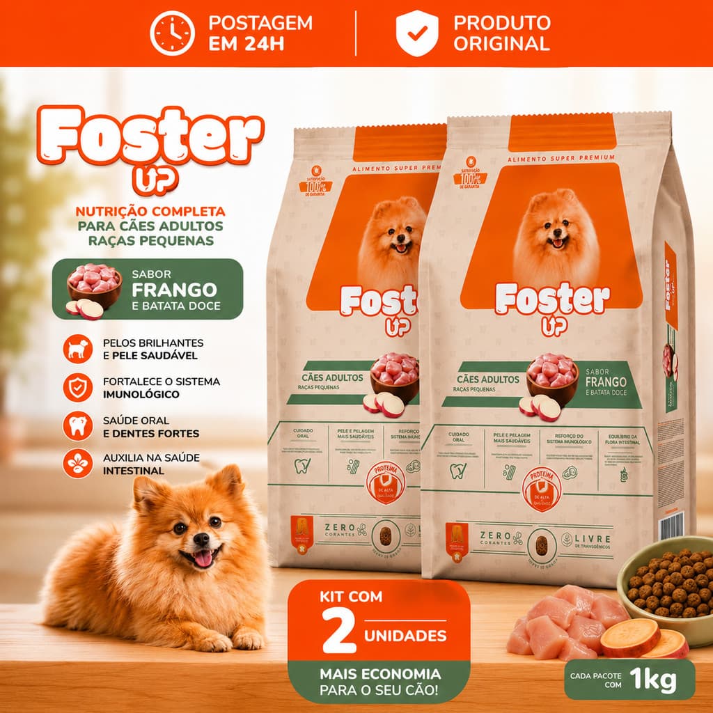 Kit C/2 Ração Cachorro Raças Pequenas Adulto Foster Up Premium Frango Batata Doce 1kg Envio Imediato
