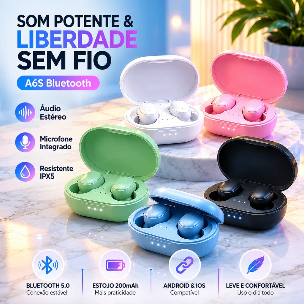 A6S TWS Fone De Ouvido Sem Fio Bluetooth 5.0 Estéreo Macaron Mini Fones Para Redmi Android Ios mira