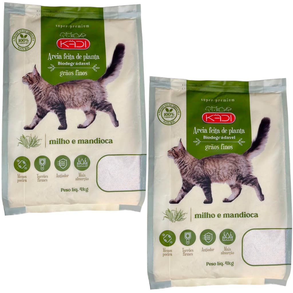 Areia para gatos pets sanitária Kadi grãos fina kit 2 pç 4kg Milho e Mandioca Natural Biodegradável