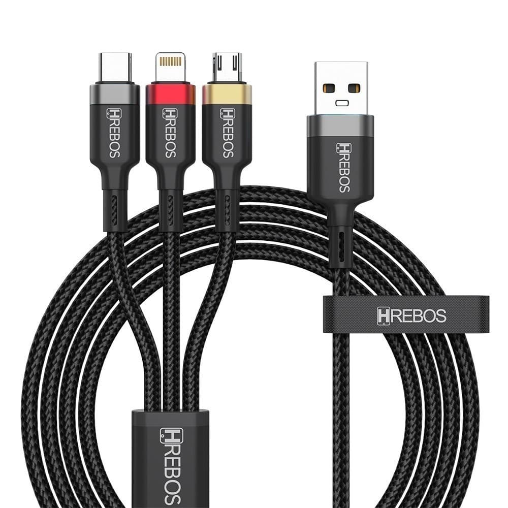 Cabo 3 em 1 Hrebos Turbo Carregamento Rápido 3.1A Micro USB Tipo C Lightning 1 Metro Resistente Reforçado