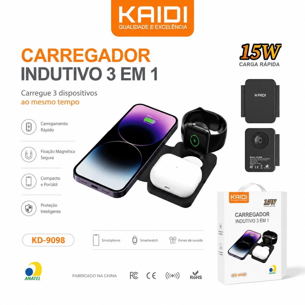 Carregador Indutivo 3 em 1 Sem Fio Kaidi KD-9098 Dobrável – 15W Rápido para Celular, Fone e Smartwatch