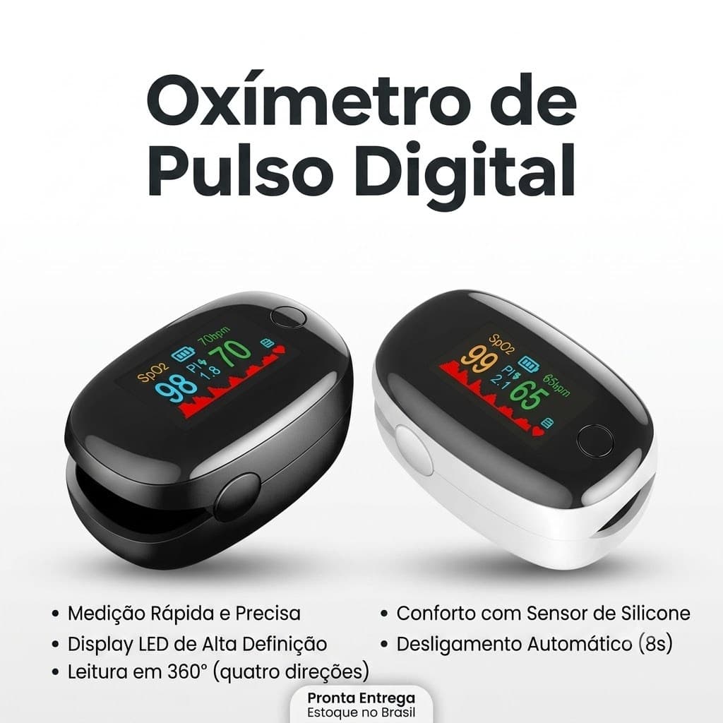 Oxímetro de pulso digital de dedo para medir a saturação de oxigênio no sangue e a frequência cardíaca.