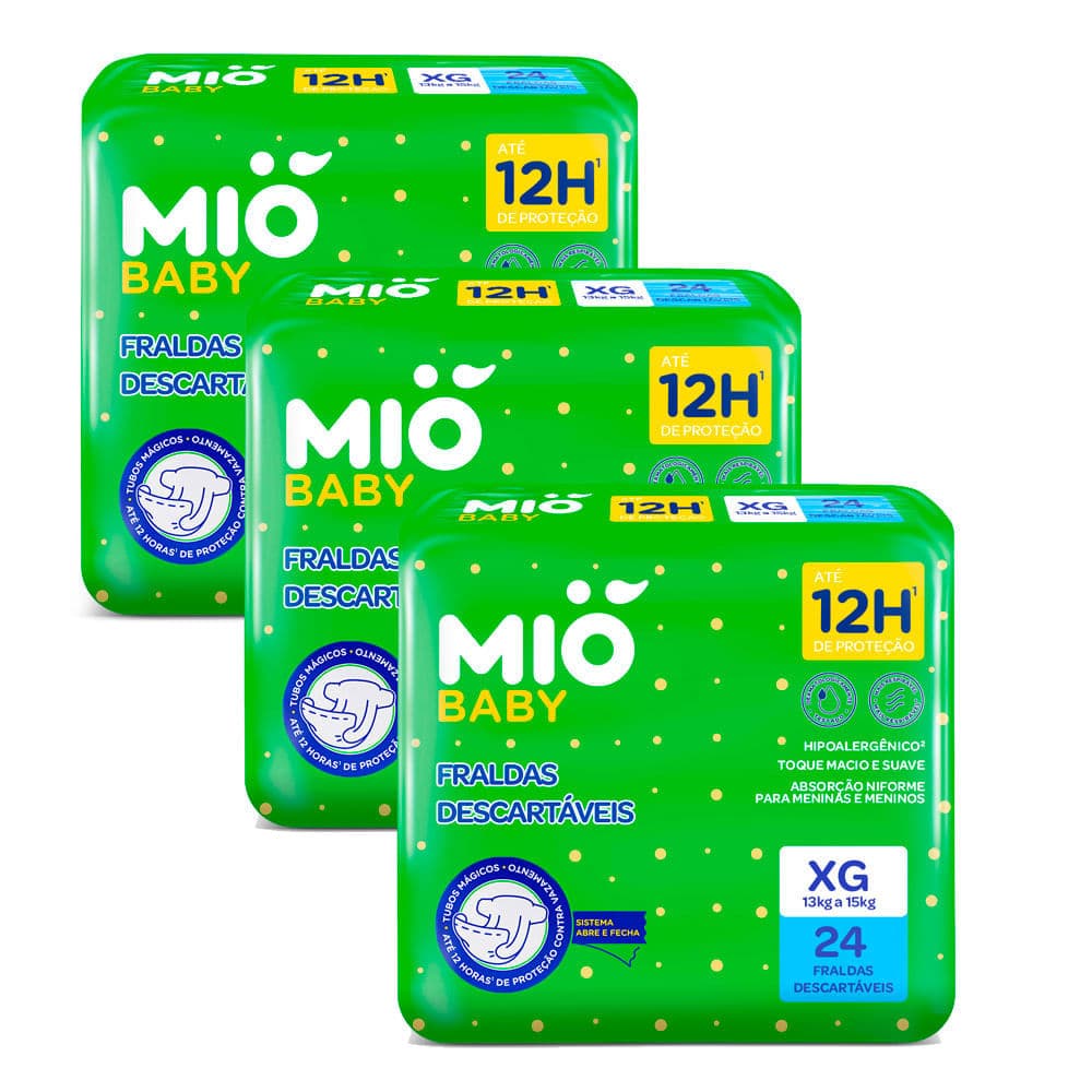 Kit 3 Fralda Descartável Mió Baby Tamanho XG 24 Unidades