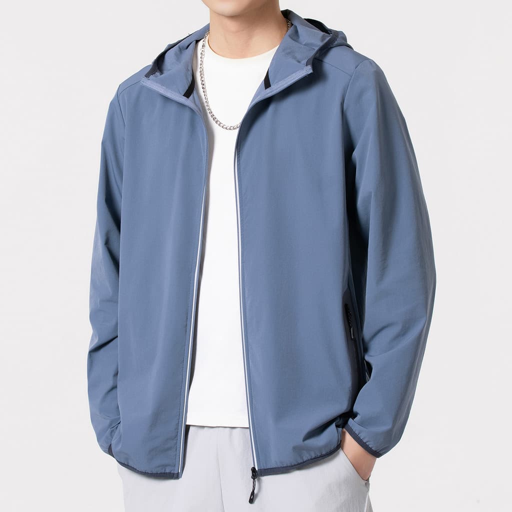 Primavera outono Haze azul jaqueta masculina com capuz jaqueta fina Casual esportes berinjela jaqueta única camada roupa