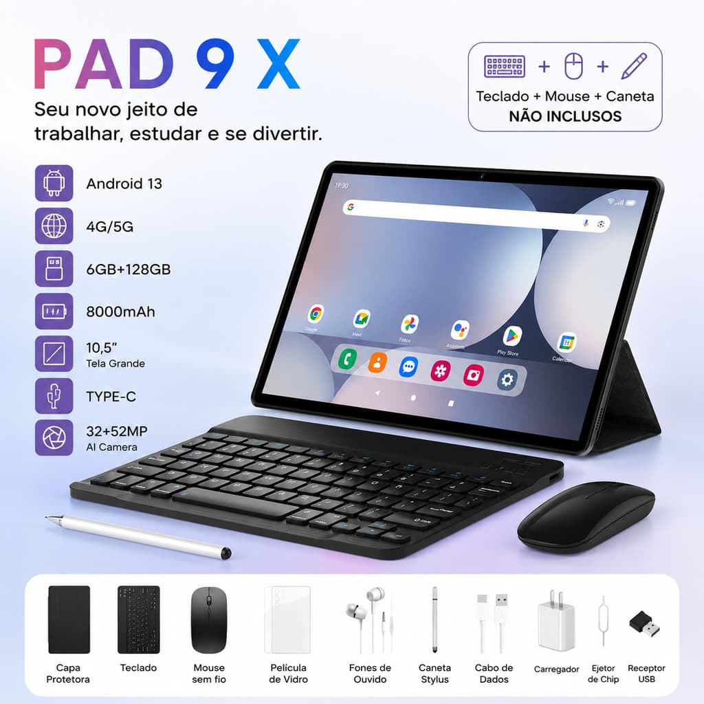 Tablet 10.5 Polegadas Android 13 4G 5G Chip 128GB Bateria 8000mAh Combo Teclado Mouse Caneta