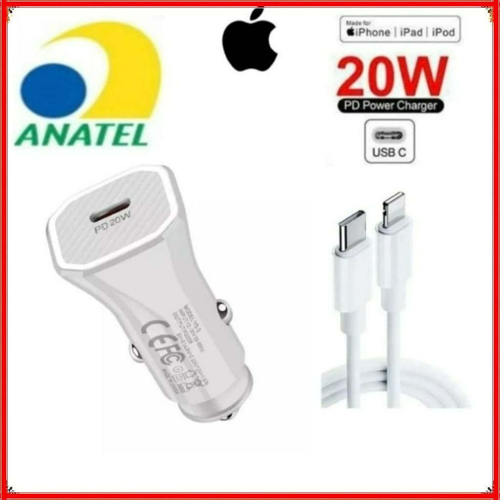 Carregador Veicular de iPhone Turbo 20w Apple -Carregador de carro PD Tipo C Turbo X Lightning
