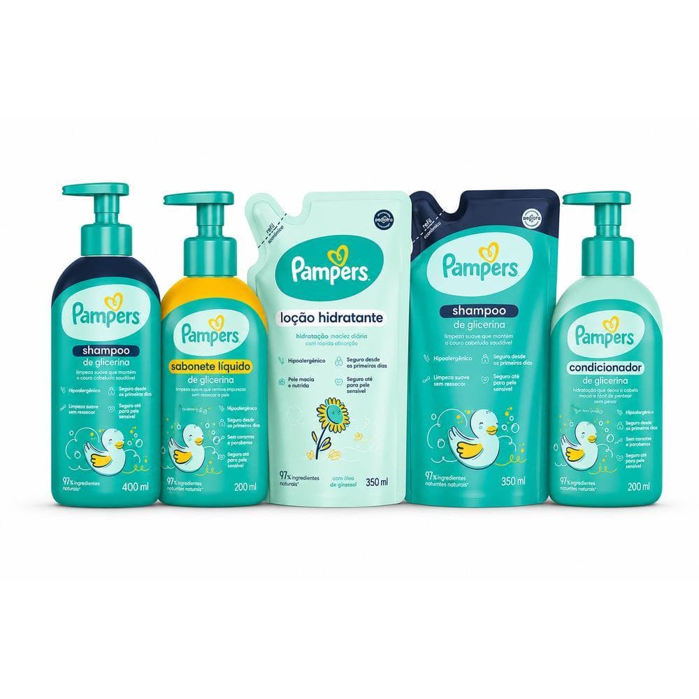Kit Pampers Glicerina Shampoo 350ml e 400ml + Condicionador 200ml + Sabonete Líquido 200ml + Loção Hidratante 350ml