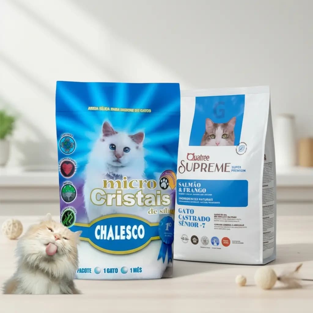 Kit Gatos: Areia Sanitária Sem Cheiro Silica Fina 1,8kg Chalesco + Ração Gatos Castrados Sênior 1kg Quatree Supreme