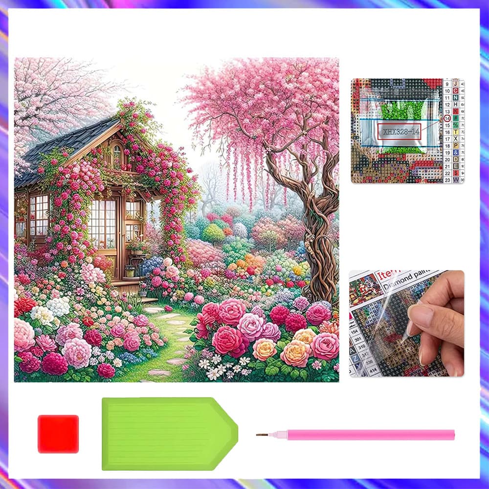 30 x 30 cm, Conjunto de 5D Casinha entre flores Diamante Arte Pintura DIY Diamante quadrados, pintura diamante 5D DIY