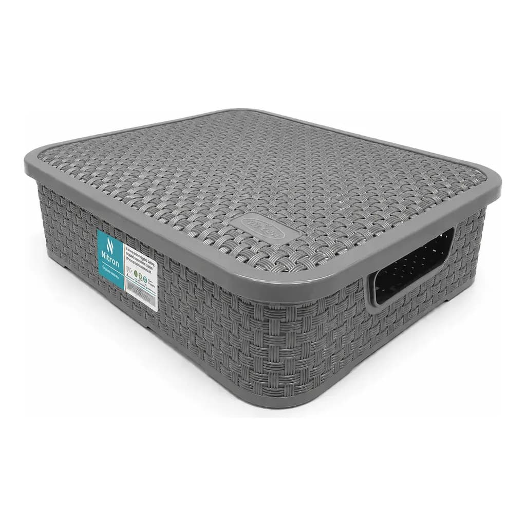 Cesto Rattan Com Tampa Cinza Organizador Multiuso Moderna Para Banheiro e Cozinha 